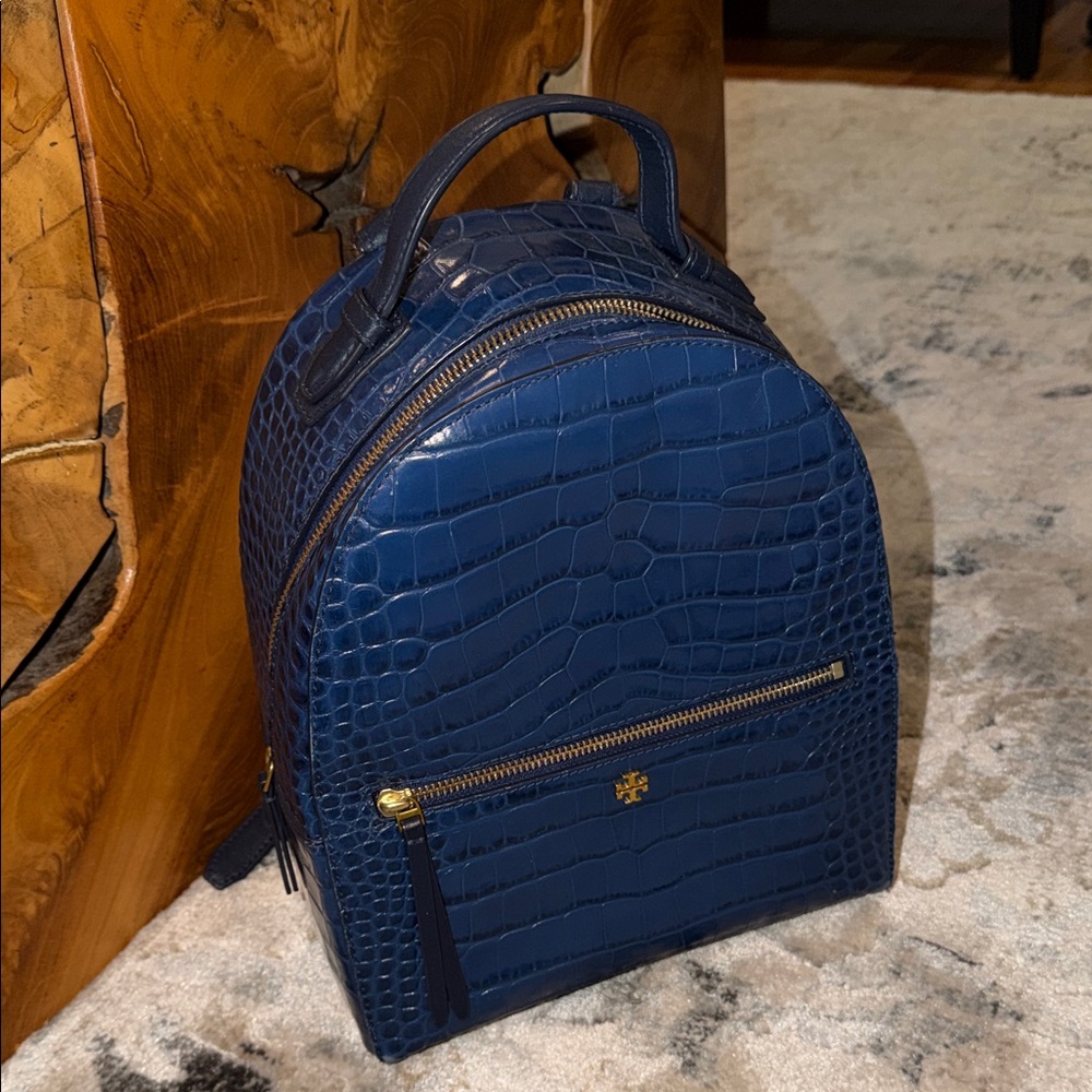 Tory Burch Navy Croc-Embossed Mini Backpack
